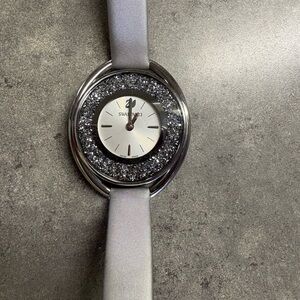 Swarovski Silver Crystal-Frame Satin Strap Watch